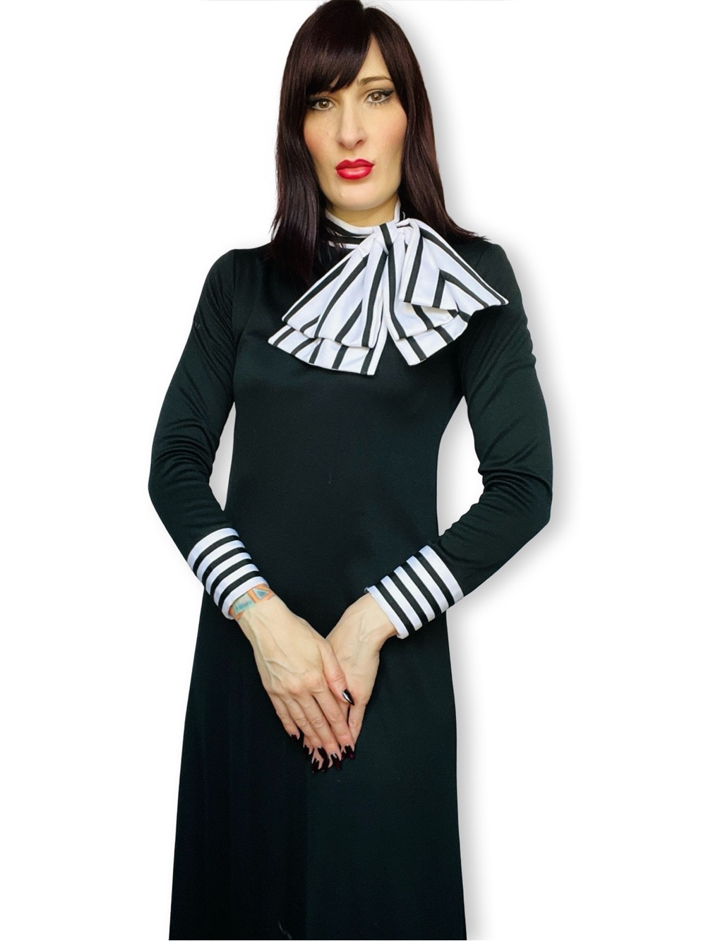 Vintage JOSEPH MAGNIN 1970s Black & White Striped Bow Trim Long Maxi Dress